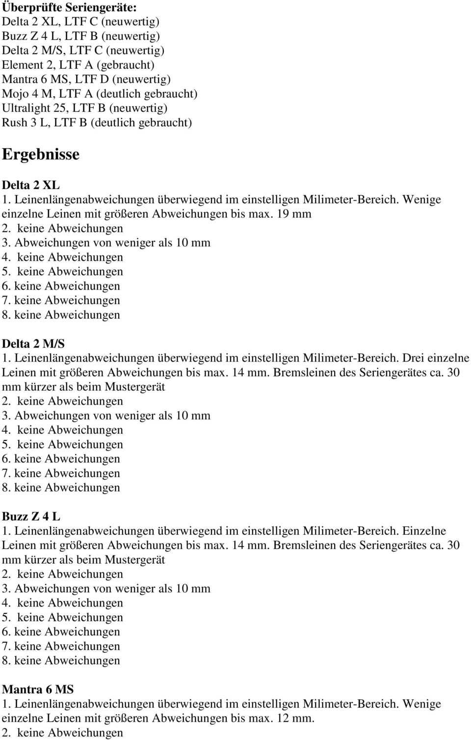 Wenige einzelne Leinen mit größeren Abweichungen bis max. 19 mm Delta 2 M/S 1. Leinenlängenabweichungen überwiegend im einstelligen Milimeter-Bereich.