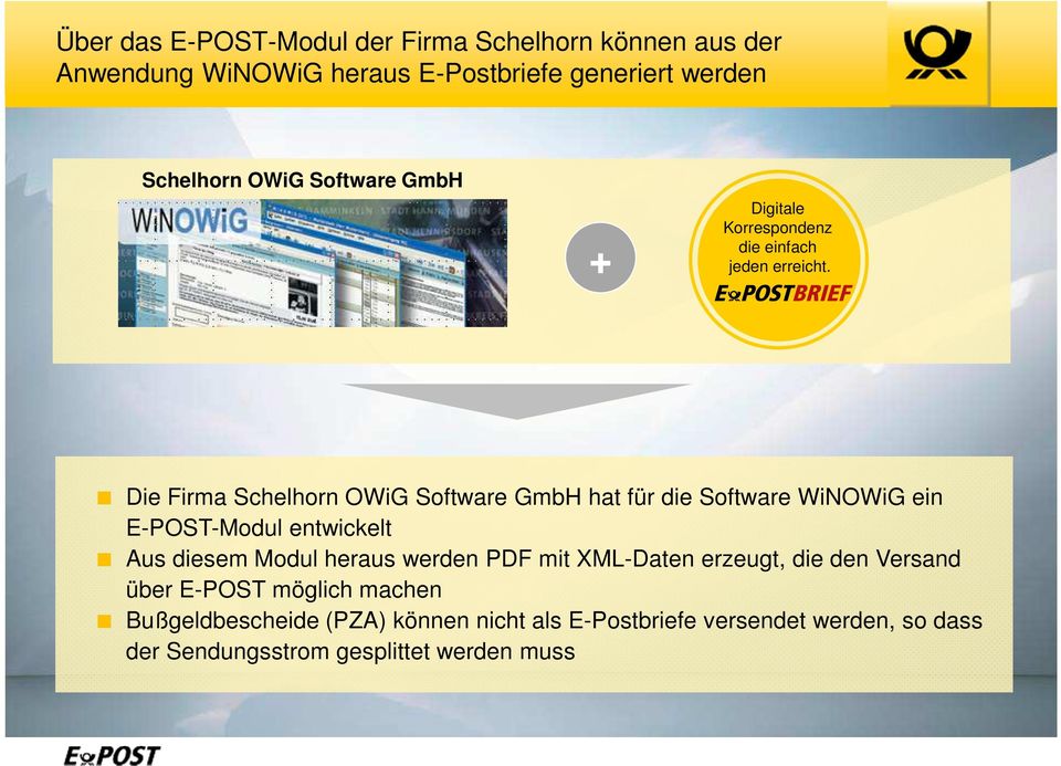 Die Firma Schelhorn OWiG Software GmbH hat für die Software WiNOWiG ein E-POST-Modul entwickelt Aus diesem Modul heraus werden