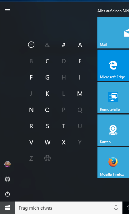 2 Das neue Startmenü in Windows 10 Beim Anklicken eines der Anfangsbuchstaben erscheint eine Liste, in der man schnell zu einem anderen Anfangsbuchstaben springen kann.