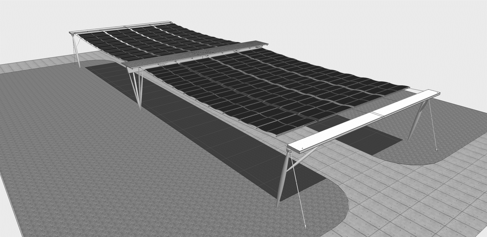 Das einfahrbare Solarfaltdach HORIZON Beliebig skalierbare Grundeinheit von minimal 96kWp 17,5m Breite Ausgefahrenes Solar-Faltdach 56,5m Länge Ausgefahrenes Faltdach Garage zum Schutz
