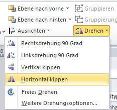 Aufgabe 3: Spiegel und Symmetrie 3. Klickt nun mit der linken Maustaste in der Symbolleiste auf Drehen. Nun öffnet sich dieses Fenster. Klickt nun auf das gelbhinterlegte Zeichen Horizontal kippen. 4.