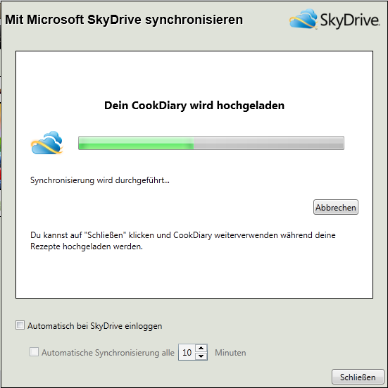 19 CookDiary - Handbuch Option Automatisch bei SkyDrive einloggen Funktion CookDiary loggt sich beim Start automatisch bei SkyDrive ein.