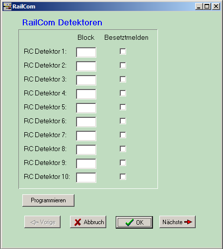 RailCom / Müt 8i 8.1.2 Programmierung eines RC-Detektors Die RC-Detektoren haben eine eigene Adresse. ModellStw kann die Adressen der Detektoren programmieren.
