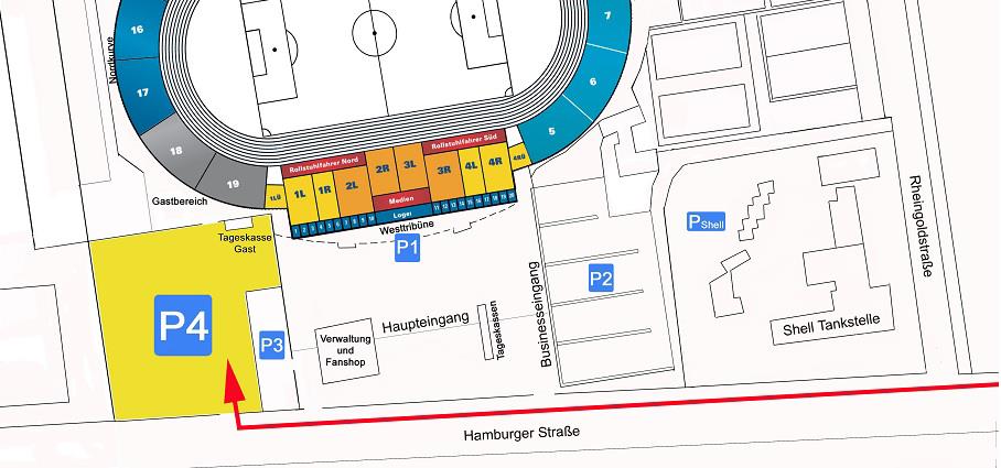 Stadionplan: Gästeblöcke: Der Bereich der Gästefans befindet sich in den Blöcken 19 (Stehplatz) und 18 (Sitzplatz).