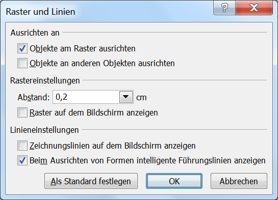 12 PowerPoint-Schnellhilfe 4.4 Raster und Führungslinien Über das Kontextmenü Ihrer aktuellen Folie kann das Raster und die Führungslinien eingestellt werden: Abbildung 18 4.4.1 Raster Über Ausrichten an (Abbildung 18) können Objekte am Raster oder an anderen Objekten ausgerichtet werden.