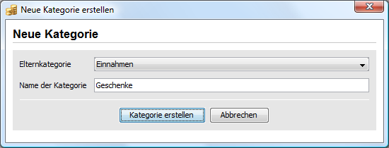 Sie können neue Elternkategorien bzw. Unterkategorien erstellen und bearbeiten. Eine neue Elternkategorie erstellen Sie durch einen Klick auf "Kategorie hinzufügen". Jeder Elternkategorie (z.b. Einnahmen, Wohnkosten, Lebenshaltung, etc.