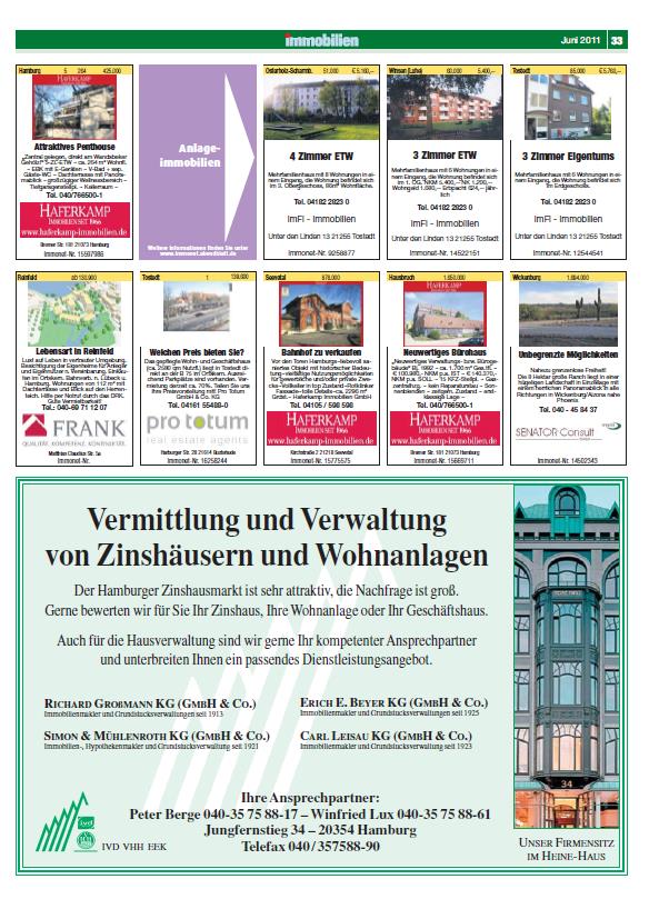 Hamburger Abendblatt IMMOBILIEN Platzierungen 1/2-Seite Platzierung: 1/2-Seite exklusiv unter den Fotoanzeigen Format: 152 mm hoch / 235 mm breit Formate Direktpr. OAS Agenturpr.