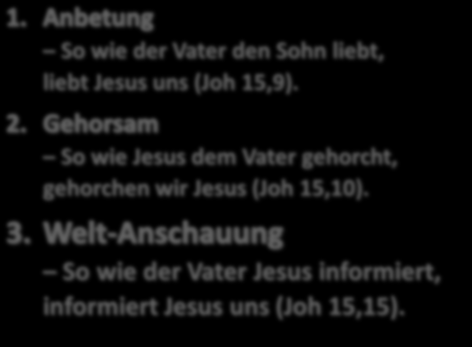 So wie Jesus dem Vater gehorcht, gehorchen wir Jesus (Joh 15,10). So wie der Vater Jesus informiert, informiert Jesus uns (Joh 15,15).