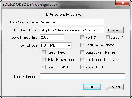 Und so wird nun die SQLite2 ODBC DSN Configuration ausgefüllt: Den Namen Silverjuke vergeben wir für die Zeile Data Source Name. Als Database Name, tragen Sie den kpl.
