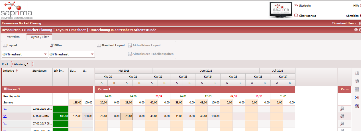 Timesheet Funktionalität direkt in Bucketplan Usecase Die Zeiterfassung von IST-Stunden wurde in den Usecase Bucketplan integriert.