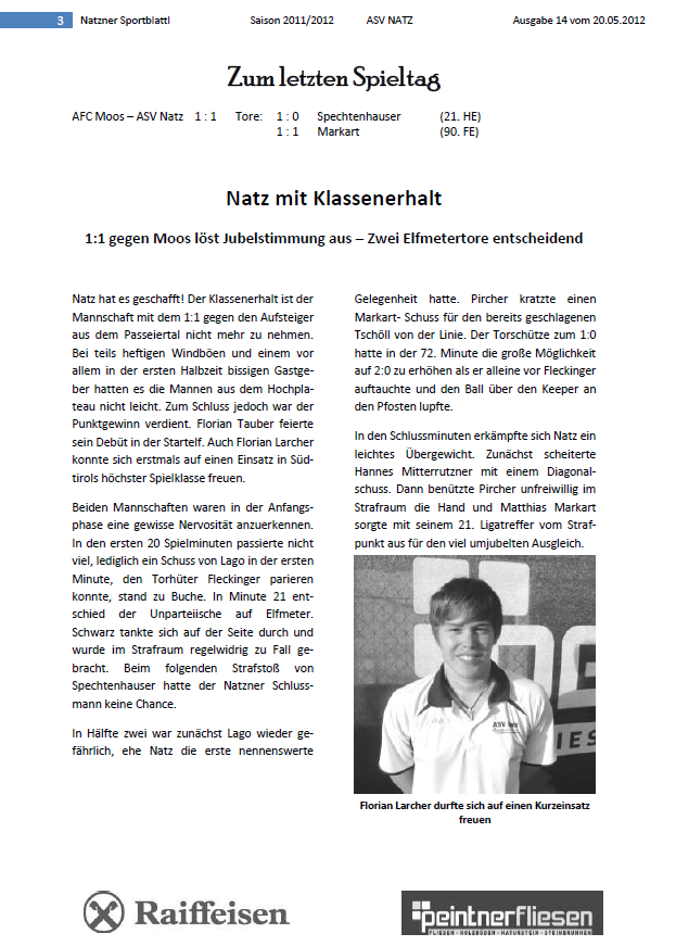 15 S e i t e Natzner Sportblattl Saison 2014/2015 Ausgabe 2 vom 14.09.