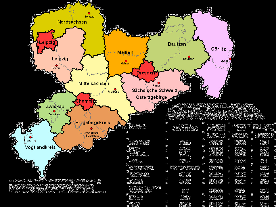 Kreisfreie Städte und Landkreise des Freistaates Sachsen mit Gebietsstand 1.