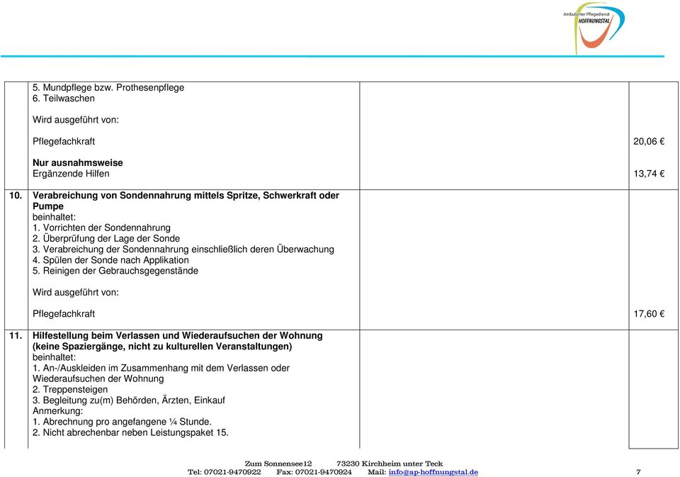 Hilfestellung beim Verlassen und Wiederaufsuchen der Wohnung (keine Spaziergänge, nicht zu kulturellen Veranstaltungen) 1.