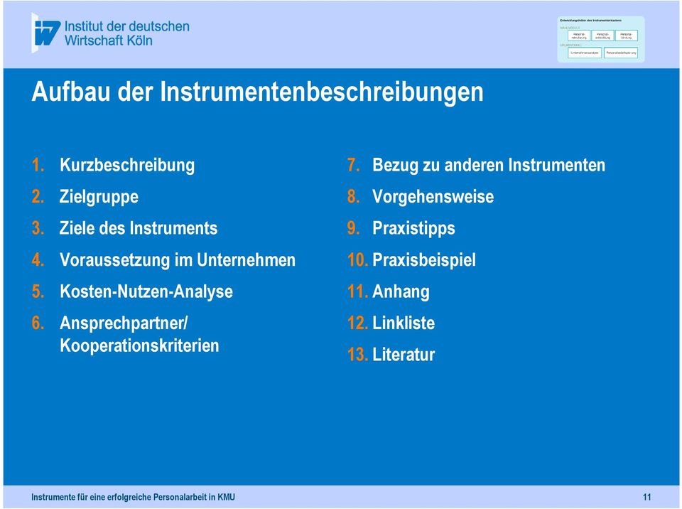 Ansprechpartner/ Kooperationskriterien 7. Bezug zu anderen Instrumenten 8. Vorgehensweise 9.