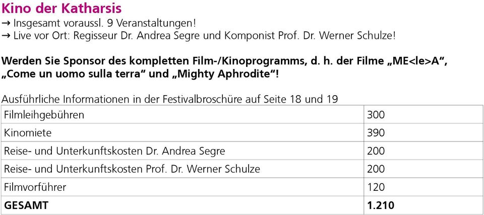 Ausführliche Informationen in der Festivalbroschüre auf Seite 18 und 19 Filmleihgebühren 300 Kinomiete 390 Reise- und