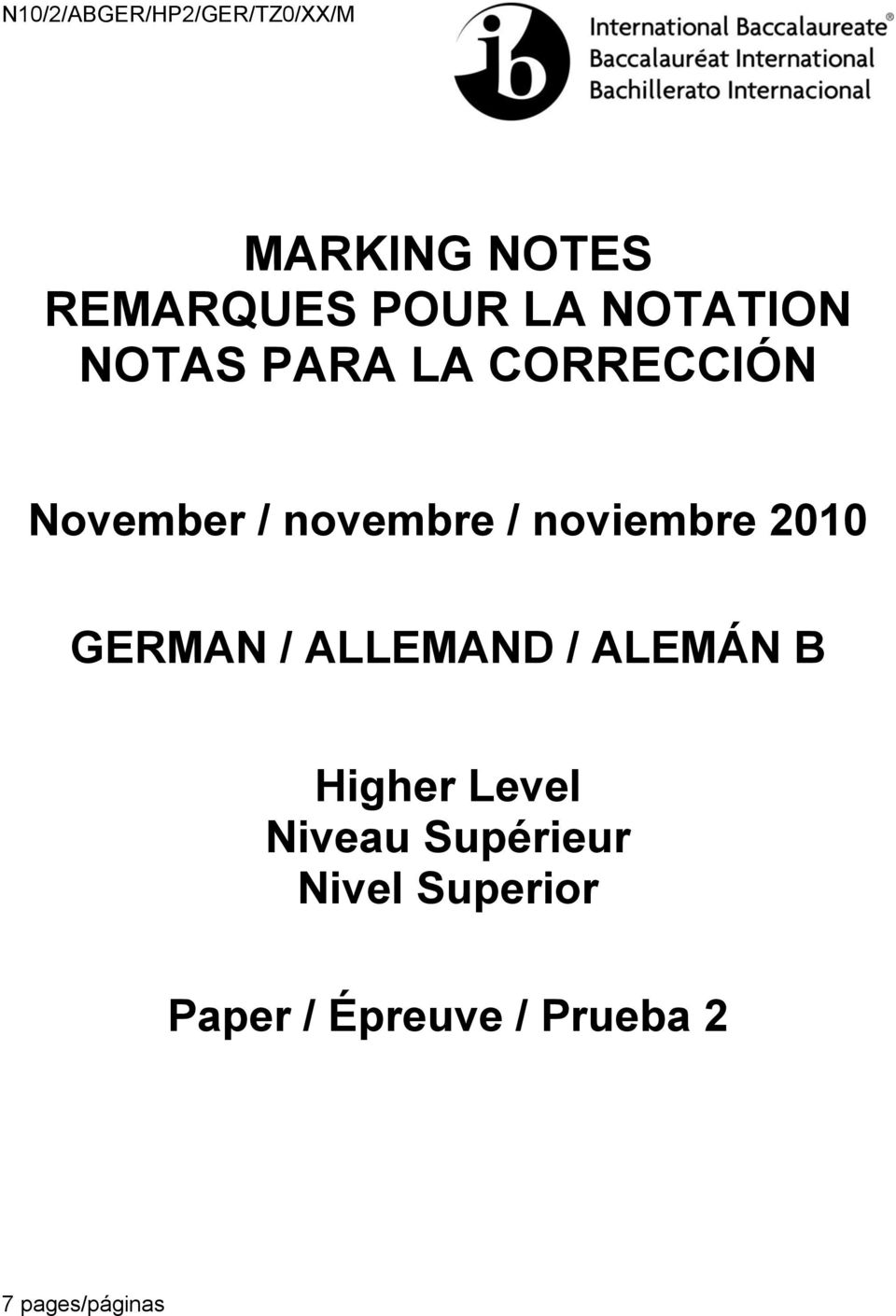 noviembre 2010 GERMAN / ALLEMAND / ALEMÁN B Higher Level