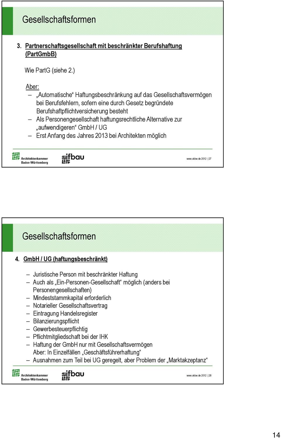 haftungsrechtliche Alternative zur aufwendigeren GmbH / UG Erst Anfang des Jahres 2013 bei Architekten möglich www.akbw.de 2012 27 Gesellschaftsformen 4.