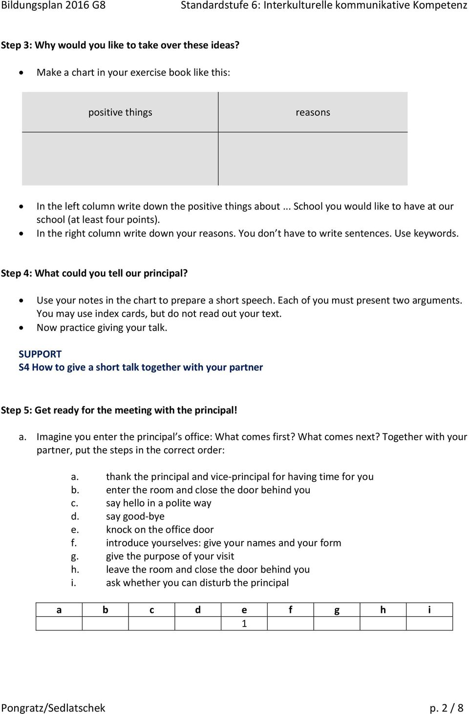 Step 4: What could you tell our principal? Use your notes in the chart to prepare a short speech. Each of you must present two arguments. You may use index cards, but do not read out your text.