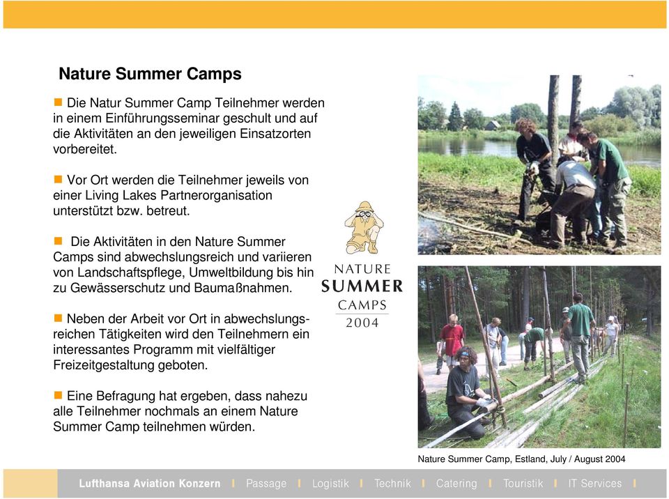 Die Aktivitäten in den Nature Summer Camps sind abwechslunsreich und variieren von Landschaftspflee, Umweltbildun bis hin zu Gewässerschutz und Baumaßnahmen.