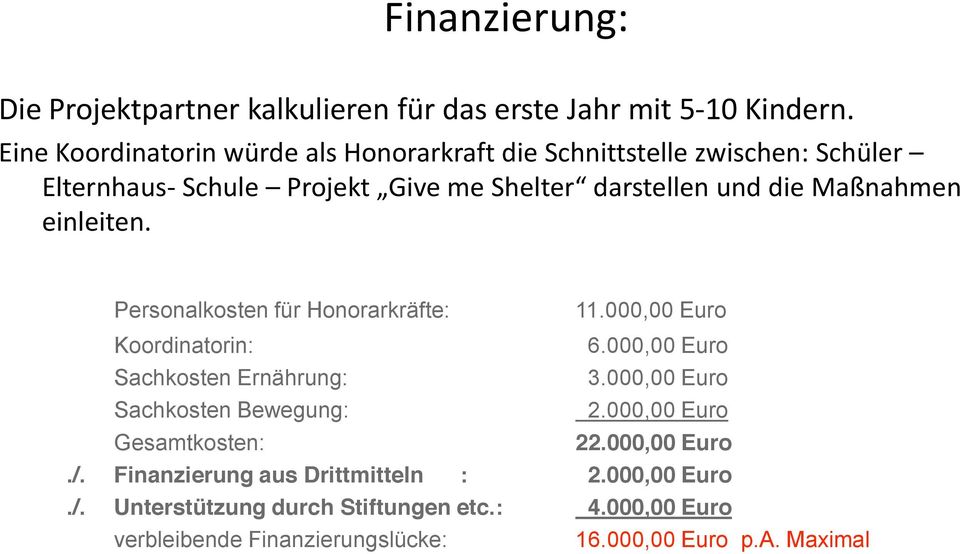 Maßnahmen einleiten. Personalkosten für Honorarkräfte: 11.000,00 Euro Koordinatorin: 6.000,00 Euro Sachkosten Ernährung: 3.