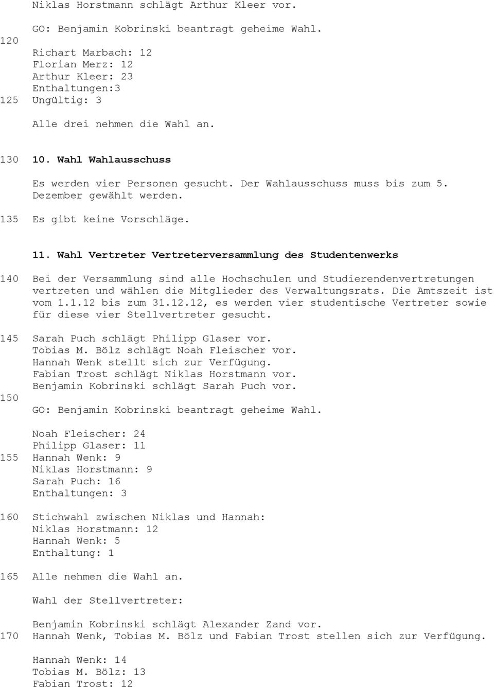 Der Wahlausschuss muss bis zum 5. Dezember gewählt werden. 135 Es gibt keine Vorschläge. 11.