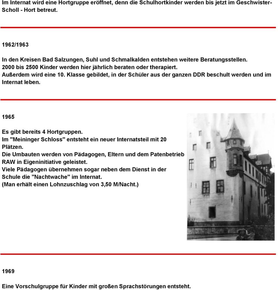 Klasse gebildet, in der Schüler aus der ganzen DDR beschult werden und im Internat leben. 1965 Es gibt bereits 4 Hortgruppen. Im "Meininger Schloss" entsteht ein neuer Internatsteil mit 20 Plätzen.