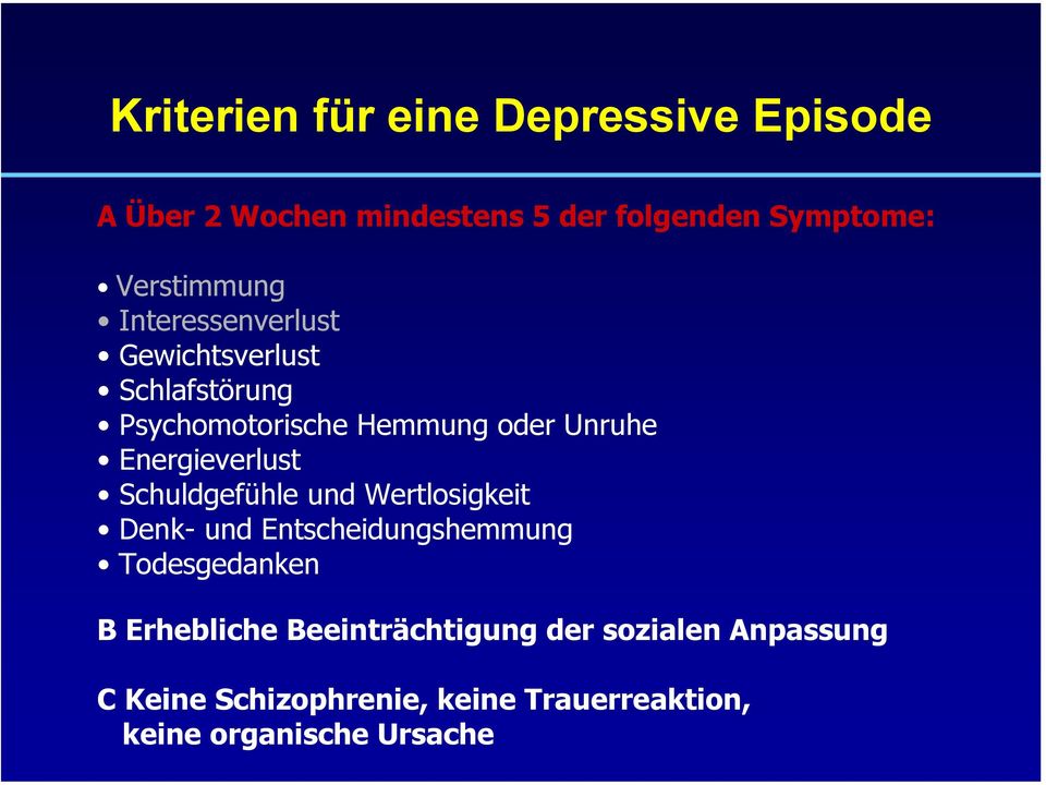 Energieverlust Schuldgefühle und Wertlosigkeit Denk- und Entscheidungshemmung Todesgedanken B