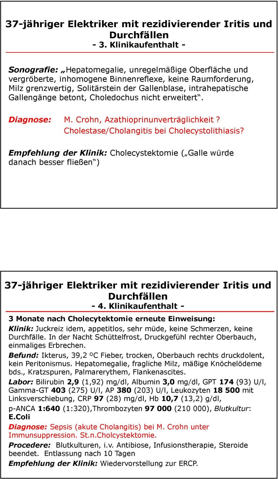 Gallengänge betont, Choledochus nicht erweitert. Diagnose: M. Crohn, Azathioprinunverträglichkeit? Cholestase/Cholangitis bei Cholecystolithiasis?