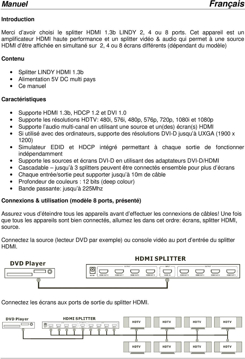 Contenu Splitter LINDY HDMI 1.3b Alimentation 5V DC multi pays Ce manuel Caractéristiques Supporte HDMI 1.3b, HDCP 1.2 et DVI 1.