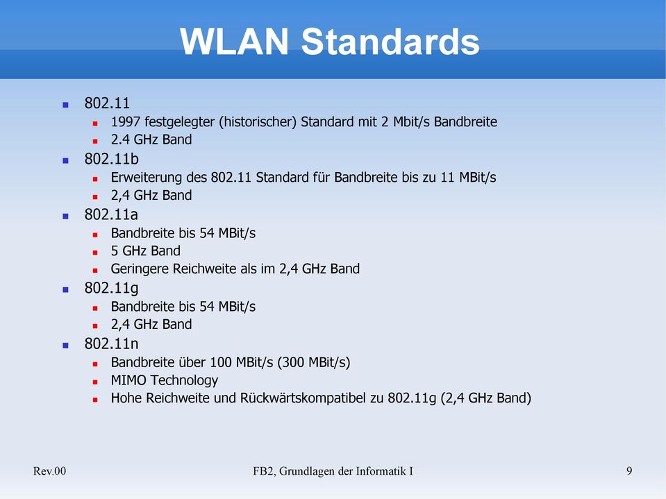 11a Bandbreite bis 54 MBit/s 5 GHz Band Geringere Reichweite als im 2,4 GHz Band 802.
