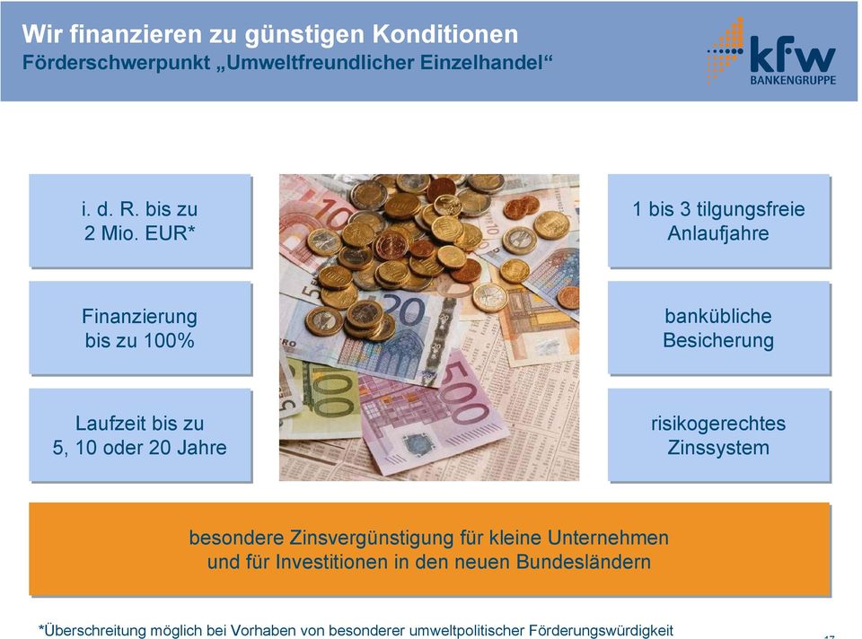 EUR* 1 bis 3 tilgungsfreie Anlaufjahre Finanzierung bis zu 100% bankübliche Besicherung Laufzeit bis zu 5, 10