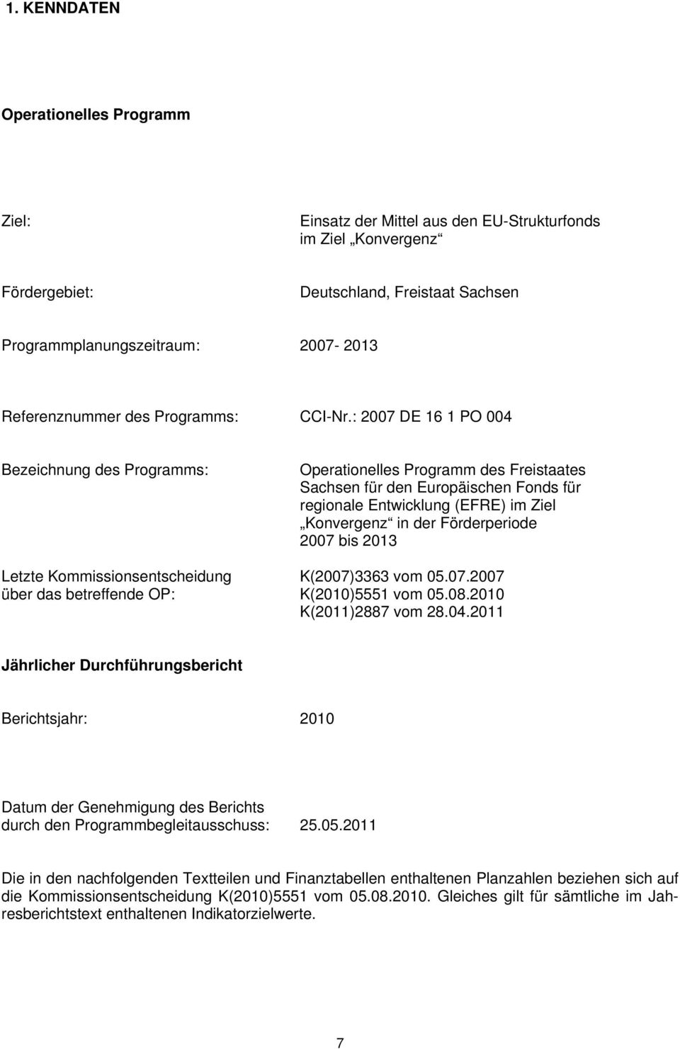 : 2007 DE 16 1 PO 004 Bezeichnung des Programms: Operationelles Programm des Freistaates Sachsen für den Europäischen Fonds für regionale Entwicklung (EFRE) im Ziel Konvergenz in der Förderperiode