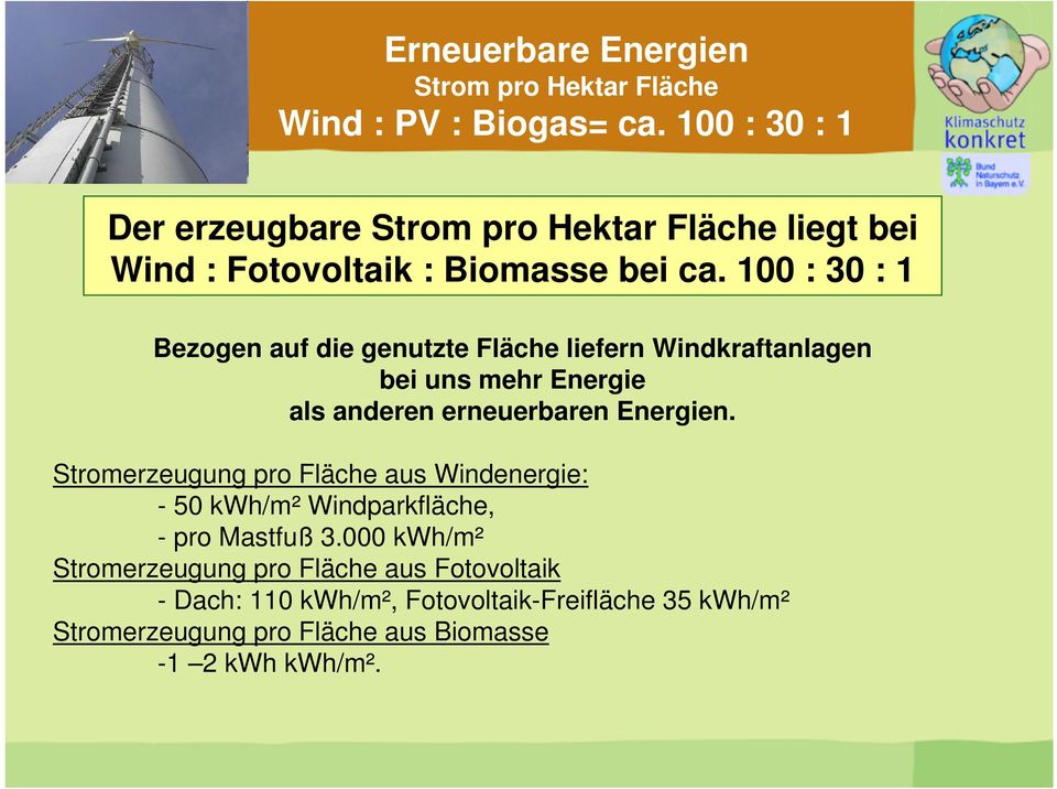 100 : 30 : 1 Bezogen auf die genutzte Fläche liefern Windkraftanlagen bei uns mehr Energie als anderen erneuerbaren Energien.