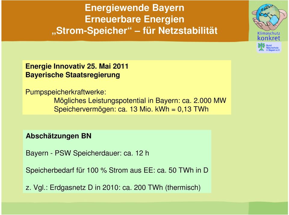 2.000 MW Speichervermögen: ca. 13 Mio. kwh = 0,13 TWh Abschätzungen BN Bayern - PSW Speicherdauer: ca.