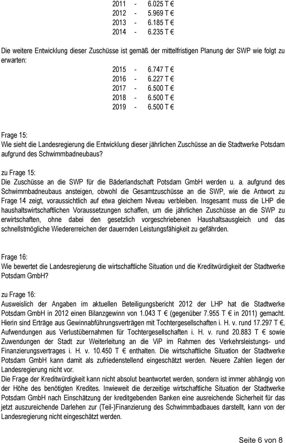 zu Frage 15: Die Zuschüsse an die SWP für die Bäderlandschaft Potsdam GmbH werden u. a. aufgrund des Schwimmbadneubaus ansteigen, obwohl die Gesamtzuschüsse an die SWP, wie die Antwort zu Frage 14 zeigt, voraussichtlich auf etwa gleichem Niveau verbleiben.