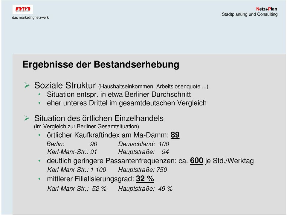 Berliner Gesamtsituation) örtlicher Kaufkraftindex am Ma-Damm: 89 Berlin: 90 Deutschland: 100 Karl-Marx-Str.