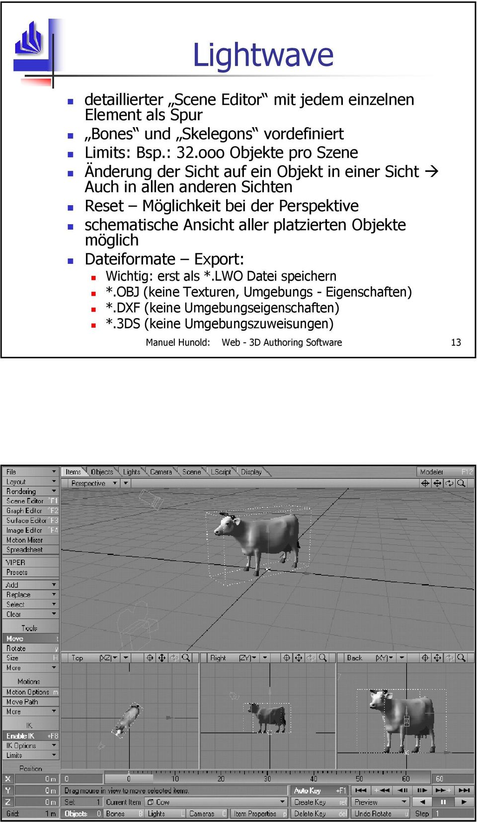 schematische Ansicht aller platzierten Objekte möglich Dateiformate Export: Wichtig: erst als *.LWO Datei speichern *.