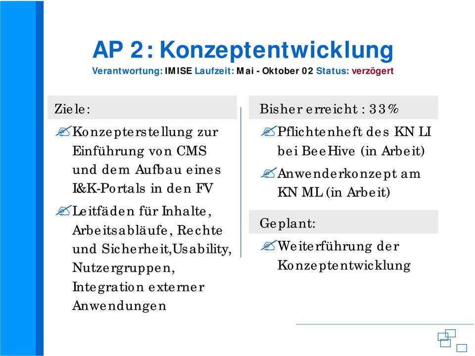 Arbeitsabläufe, Rechte und Sicherheit,Usability, Nutzergruppen, Integration externer Anwendungen Bisher erreicht