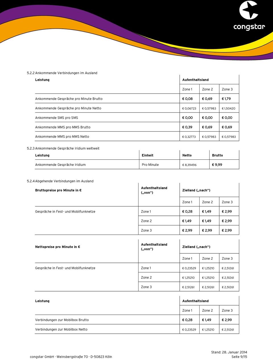 2.4 Abgehende Verbindungen im Ausland preise pro Minute in Aufenthaltsland ( von ) Zielland ( nach ) Zone 1 Zone 2 Zone 3 Gespräche in Fest- und Mobilfunknetze Zone 1 0,28 1,49 2,99 Zone 2 1,49 1,49