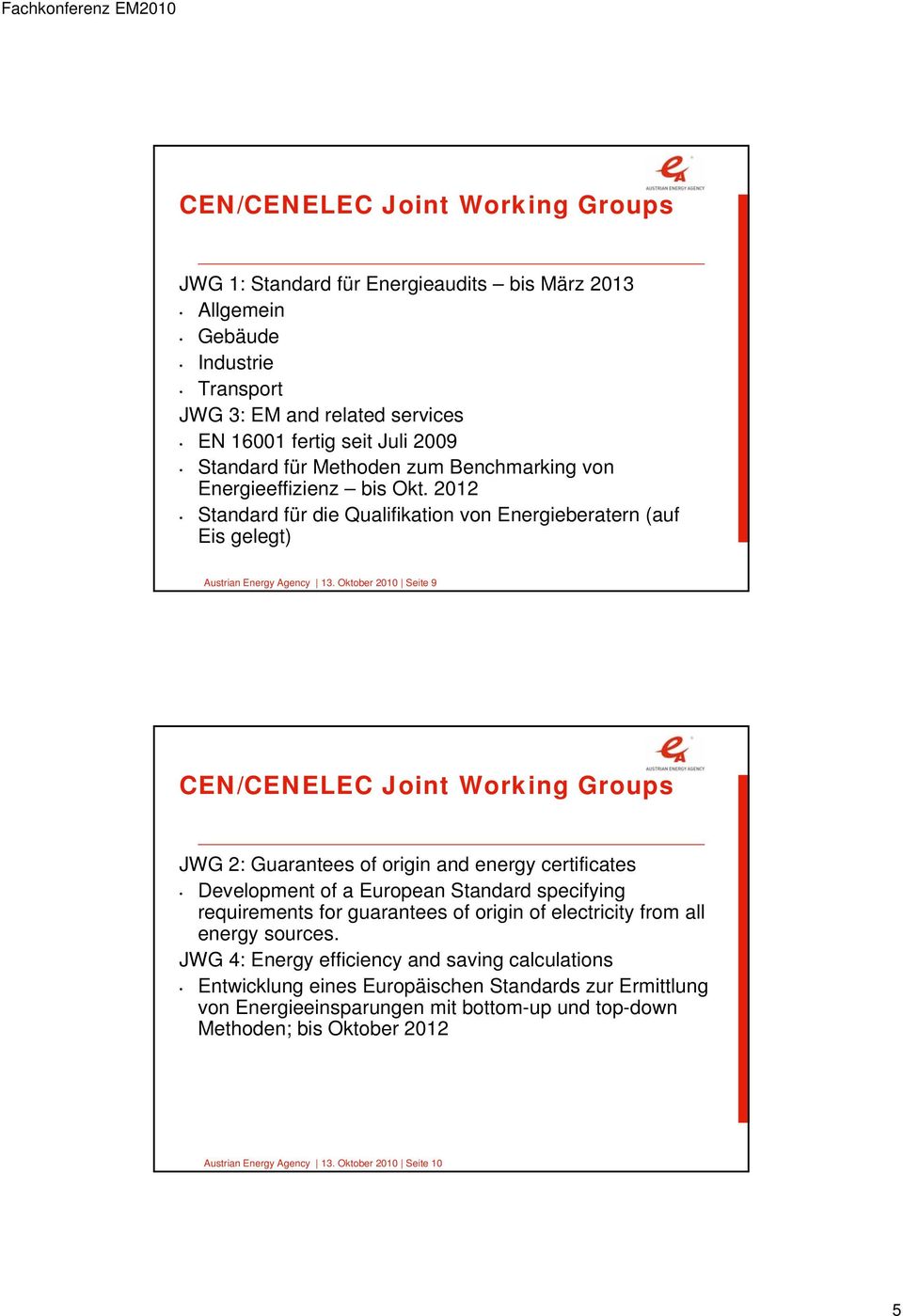 Oktober 2010 Seite 9 CEN/CENELEC Joint Working Groups JWG 2: Guarantees of origin and energy certificates Development of a European Standard specifying requirements for guarantees of origin of