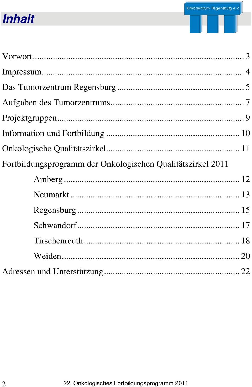 .. 11 Fortbildungsprogramm der Onkologischen Qualitätszirkel 2011 Amberg... 12 Neumarkt... 13 Regensburg.