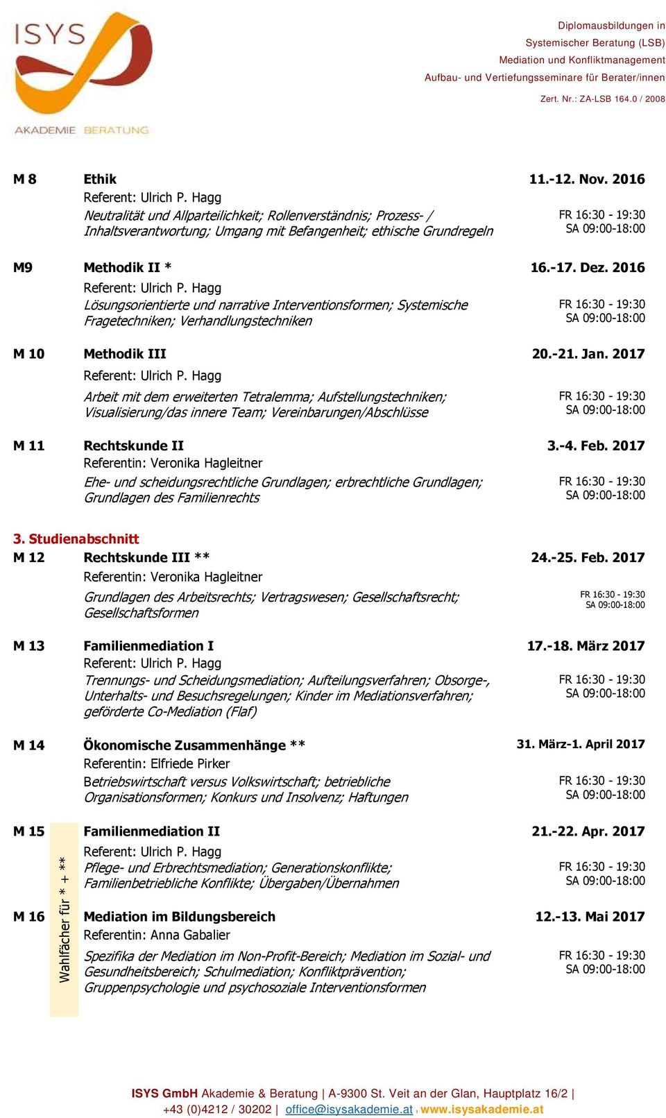 2017 Arbeit mit dem erweiterten Tetralemma; Aufstellungstechniken; Visualisierung/das innere Team; Vereinbarungen/Abschlüsse M 11 Rechtskunde II 3.-4. Feb.