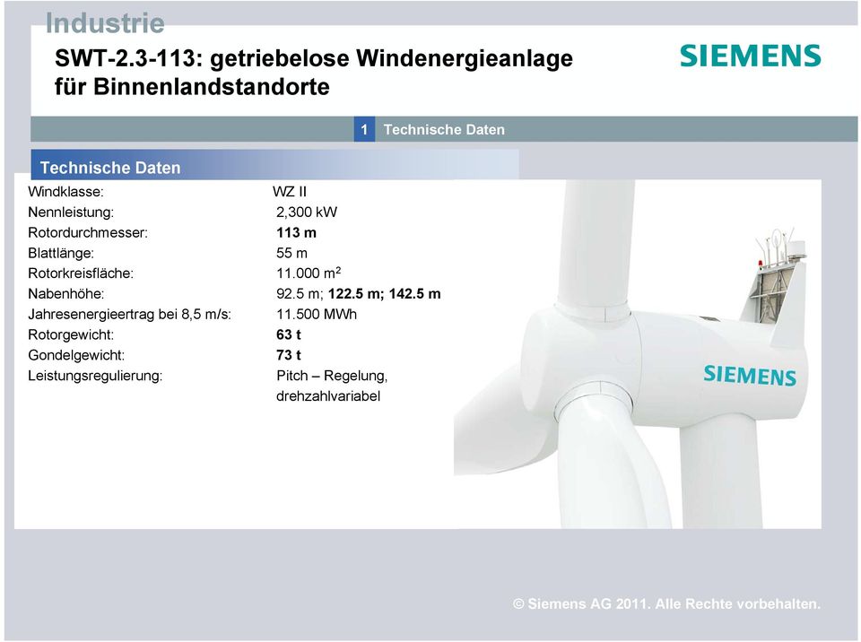 Windklasse: WZ II Nennleistung: 2,300 kw Rotordurchmesser: 113 m Blattlänge: 55 m Rotorkreisfläche:
