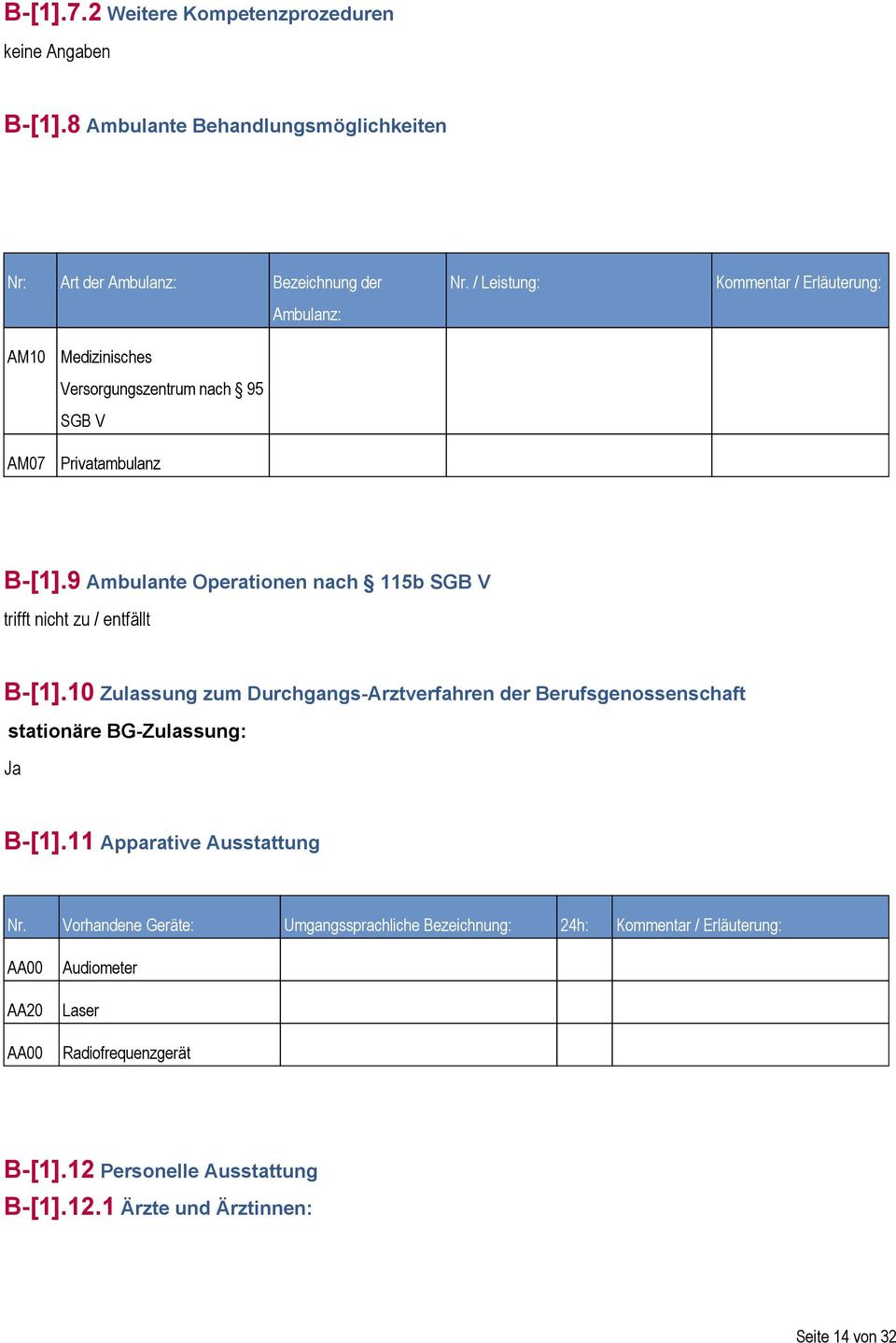 10 Zulassung zum Durchgangs-Arztverfahren der Berufsgenossenschaft stationäre BG-Zulassung: Ja B-[1].11 Apparative Ausstattung Nr.