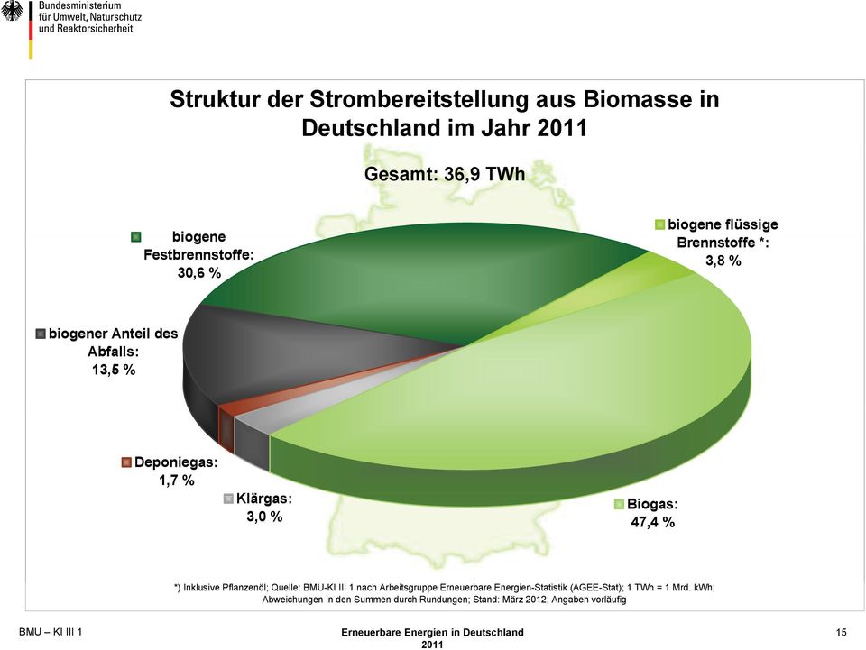 Biogas: 47,4 % *) Inklusive Pflanzenöl; Quelle: BMU-KI III 1 nach Arbeitsgruppe Erneuerbare Energien-Statistik