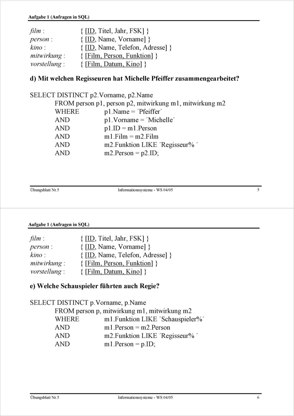 funktion LIKE Regisseur% m2.person = p2.id; Übungsblatt Nr.5 Informationssysteme - WS 04/05 5 e) Welche Schauspieler führten auch Regie?