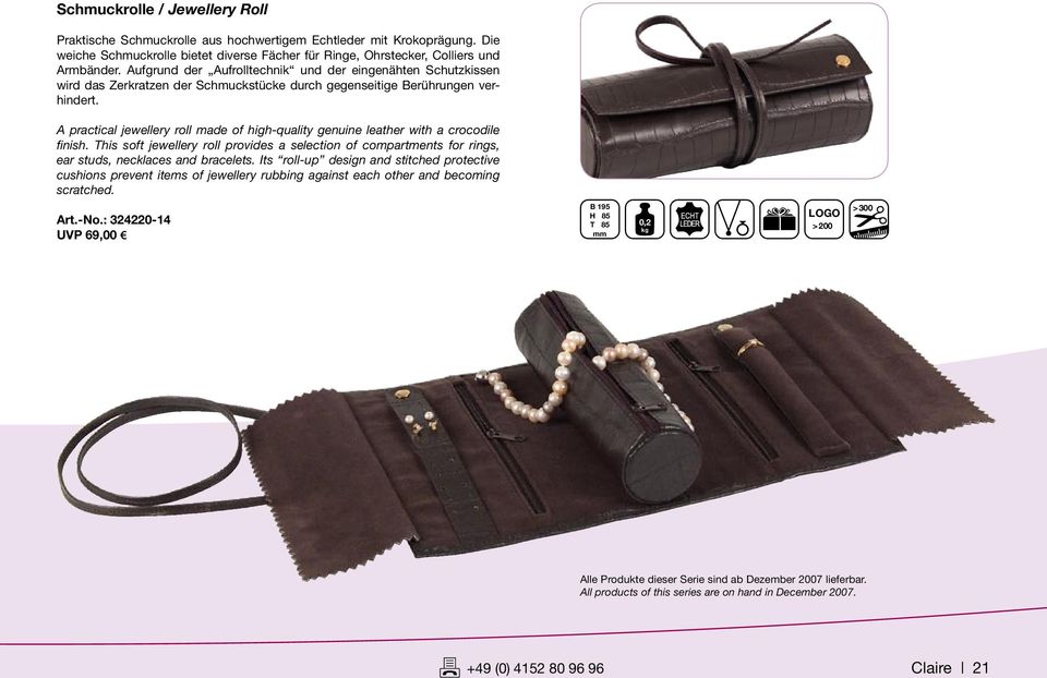 A practical jewellery roll made of high-quality genuine leather with a crocodile finish. This soft jewellery roll provides a selection of compartments for rings, ear studs, necklaces and bracelets.