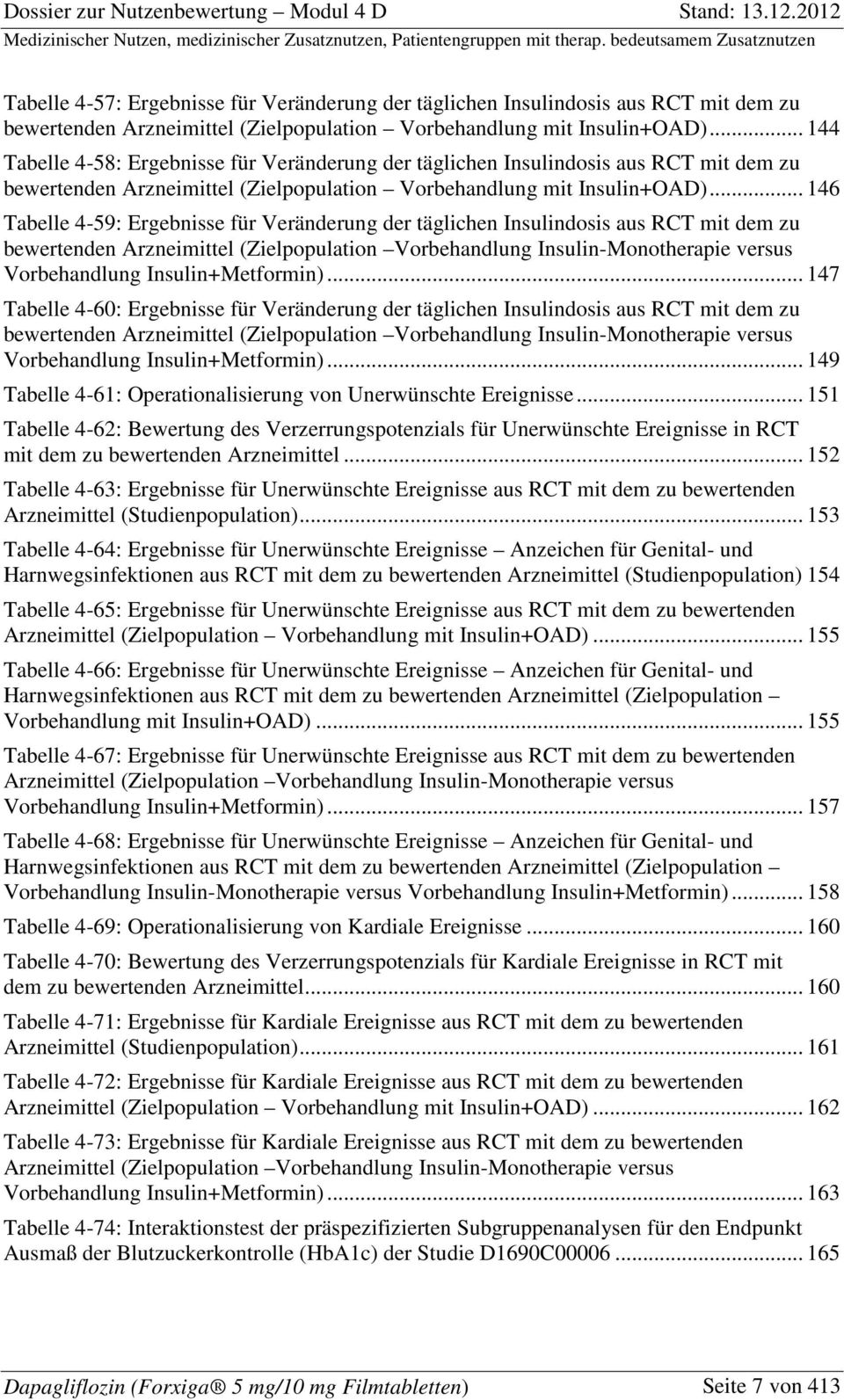 .. 146 Tabelle 4-59: Ergebnisse für Veränderung der täglichen Insulindosis aus RCT mit dem zu bewertenden Arzneimittel (Zielpopulation Vorbehandlung Insulin-Monotherapie versus Vorbehandlung