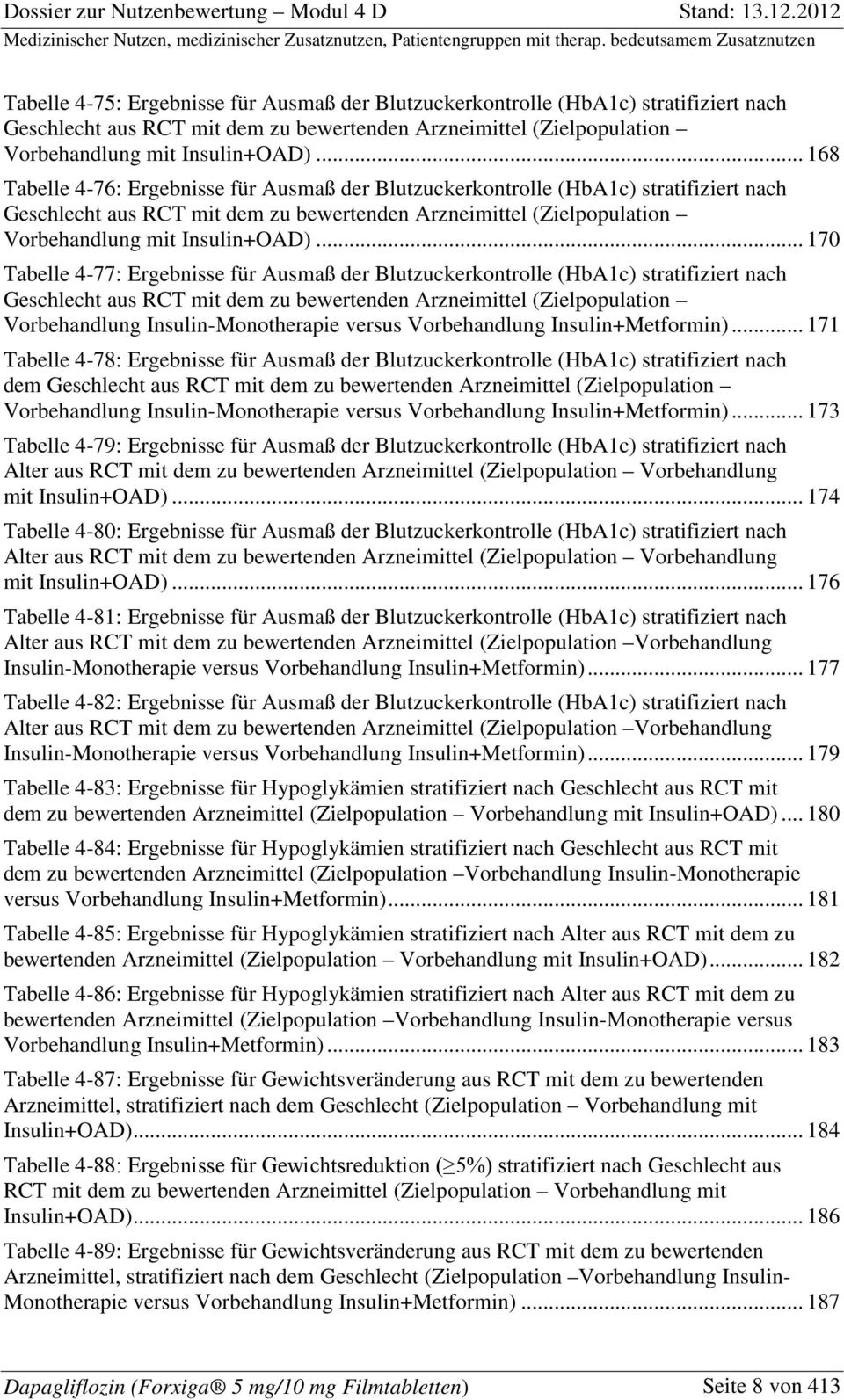 .. 170 Tabelle 4-77: Ergebnisse für Ausmaß der Blutzuckerkontrolle (HbA1c) stratifiziert nach Geschlecht aus RCT mit dem zu bewertenden Arzneimittel (Zielpopulation Vorbehandlung Insulin-Monotherapie