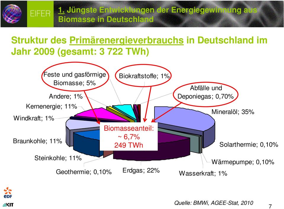 Biomasse; 5% Andere; 1% Steinkohle; 11% Biokraftstoffe; 1% Biomasseanteil: ~ 6,7% 249 TWh Geothermie; 0,10% Erdgas; 22%